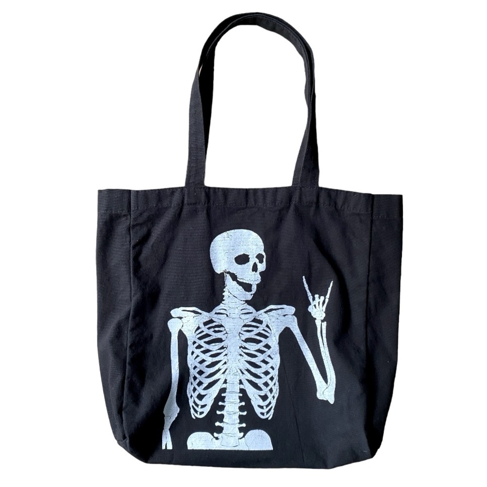 💀 Black Fabric Tote Bag, Skeleton Skull Fall, Halloween Goth Shopping Bags
